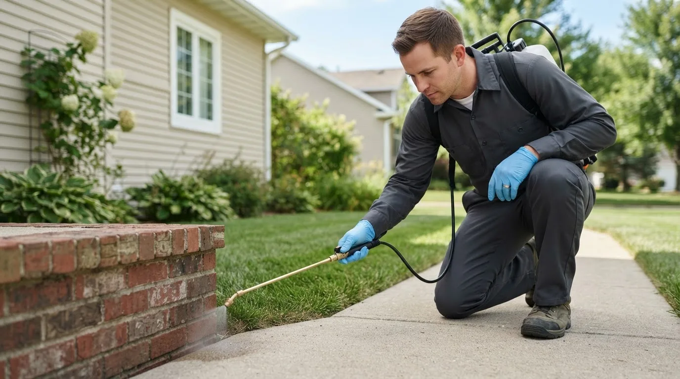 Pest control technician treating a home near Semmes, AL